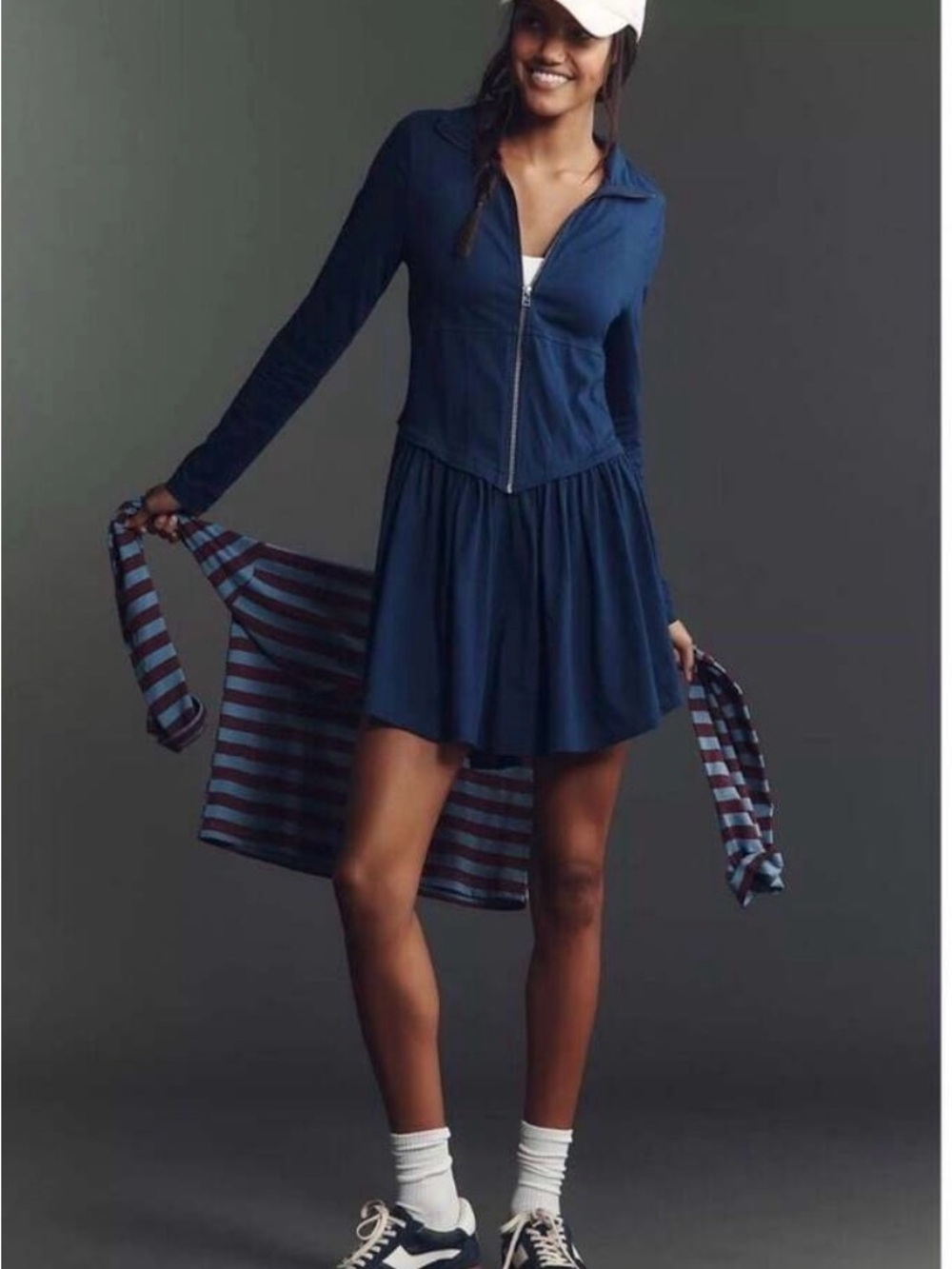 Daily Practice Navy Zip Front Long Sleeve Skater Dress